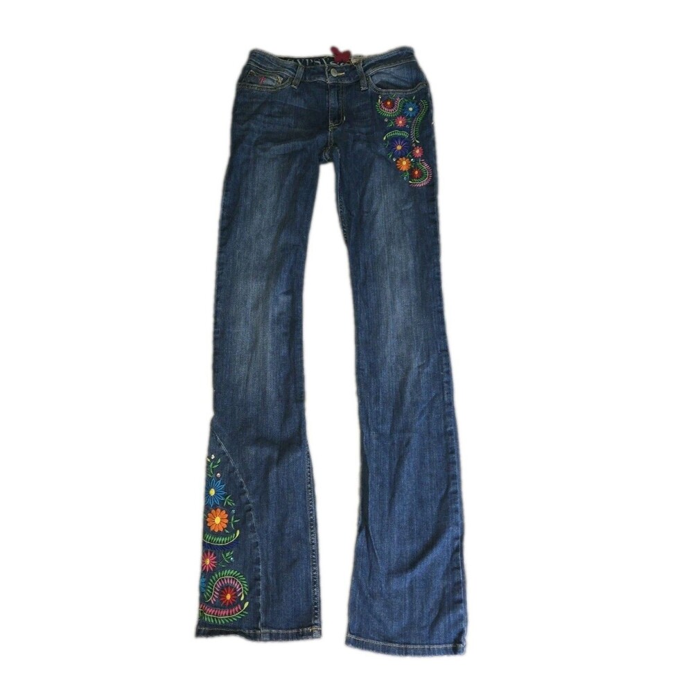 Gypsy Soule Womens 2/26 Long (28" x 36") Embroidered Floral Stretch Jeans Hippy